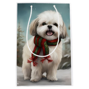 Malti Tzu Dog in Snow Christmas Medium Gift Bag