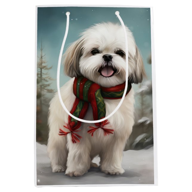 Malti Tzu Dog in Snow Christmas Medium Gift Bag (Front)