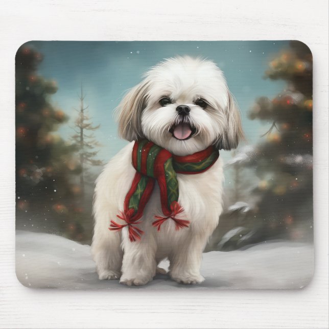 Malti Tzu Dog in Snow Christmas Mouse Mat (Front)