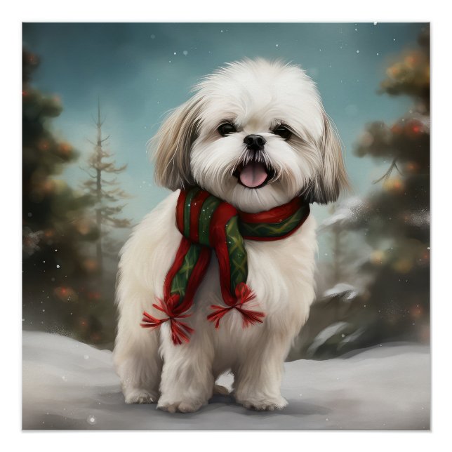 Malti Tzu Dog in Snow Christmas Poster (Front)