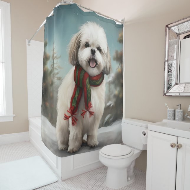 Malti Tzu Dog in Snow Christmas Shower Curtain (In Situ)
