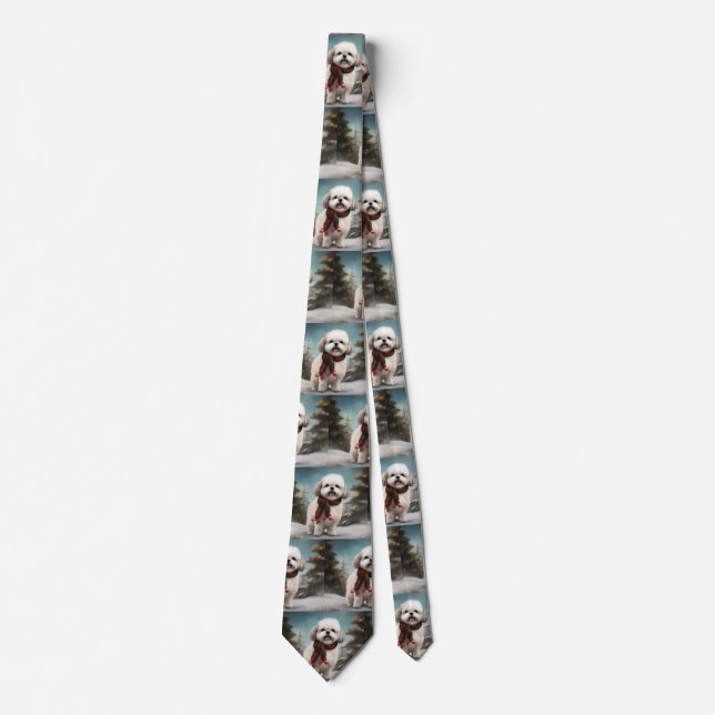 Malti Tzu Dog in Snow Christmas Tie (Front)