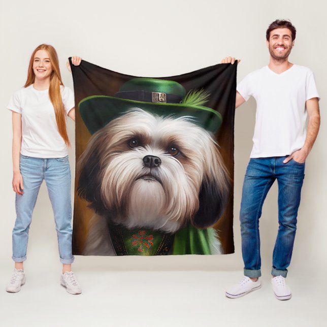 Malti Tzu Dog in St. Patrick's Day Dress Fleece Blanket (In Situ)