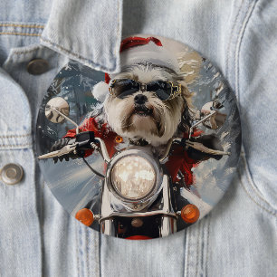 Malti Tzu Dog Riding Motorcycle Christmas 6 Cm Round Badge