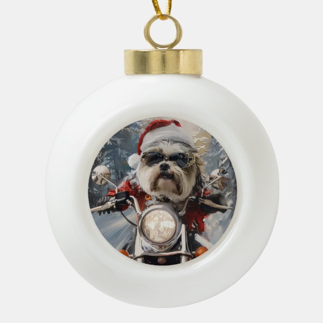 Malti Tzu Dog Riding Motorcycle Christmas Ceramic Ball Christmas Ornament (Front)