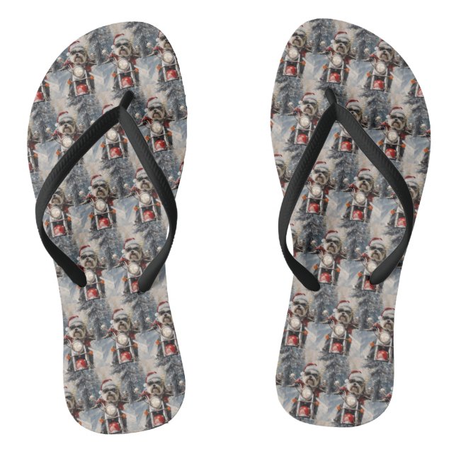 Malti Tzu Dog Riding Motorcycle Christmas Flip Flops (Footbed)