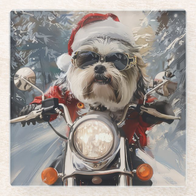 Malti Tzu Dog Riding Motorcycle Christmas Glass Coaster (Front)