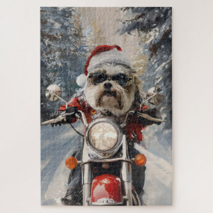 Malti Tzu Dog Riding Motorcycle Christmas Jigsaw Puzzle