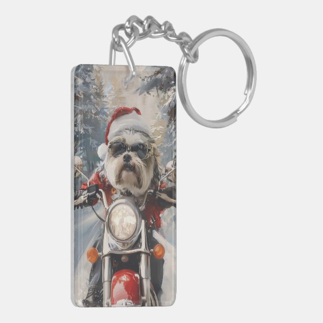 Malti Tzu Dog Riding Motorcycle Christmas Key Ring (Back Left)