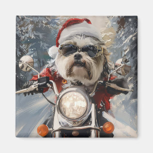 Malti Tzu Dog Riding Motorcycle Christmas Magnet
