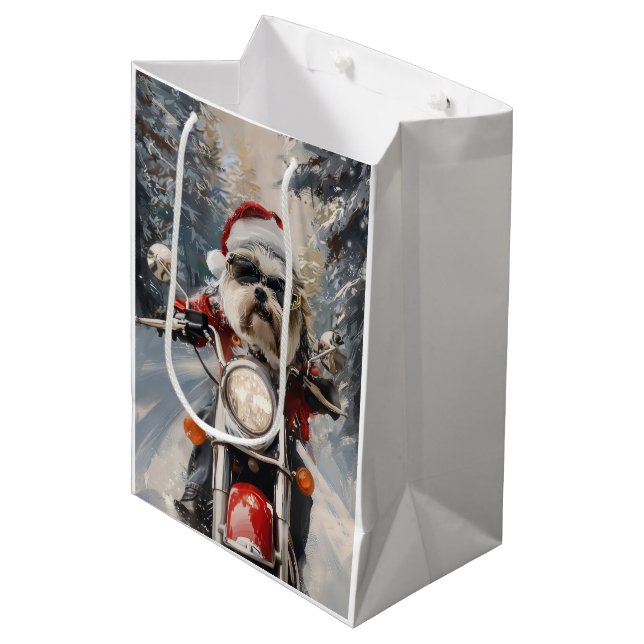 Malti Tzu Dog Riding Motorcycle Christmas Medium Gift Bag (Front Angled)