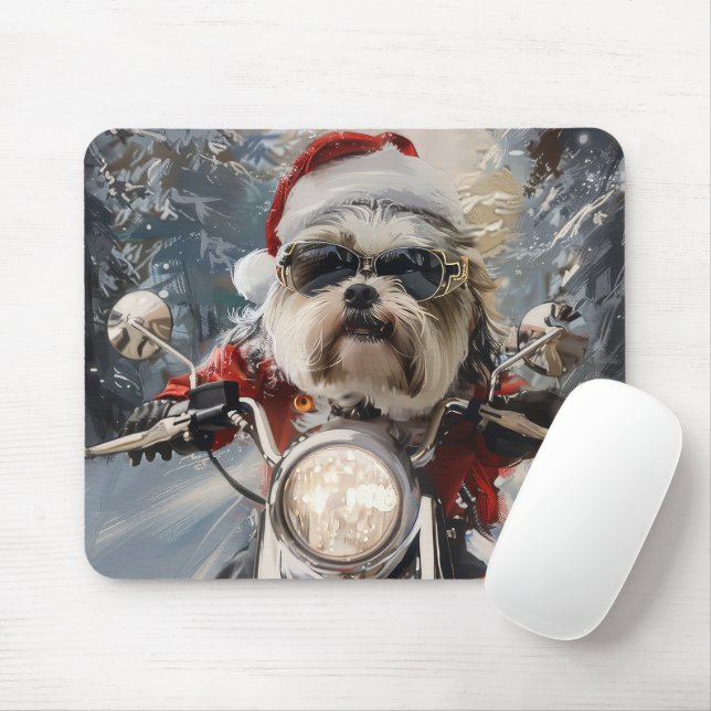 Malti Tzu Dog Riding Motorcycle Christmas Mouse Mat (With Mouse)