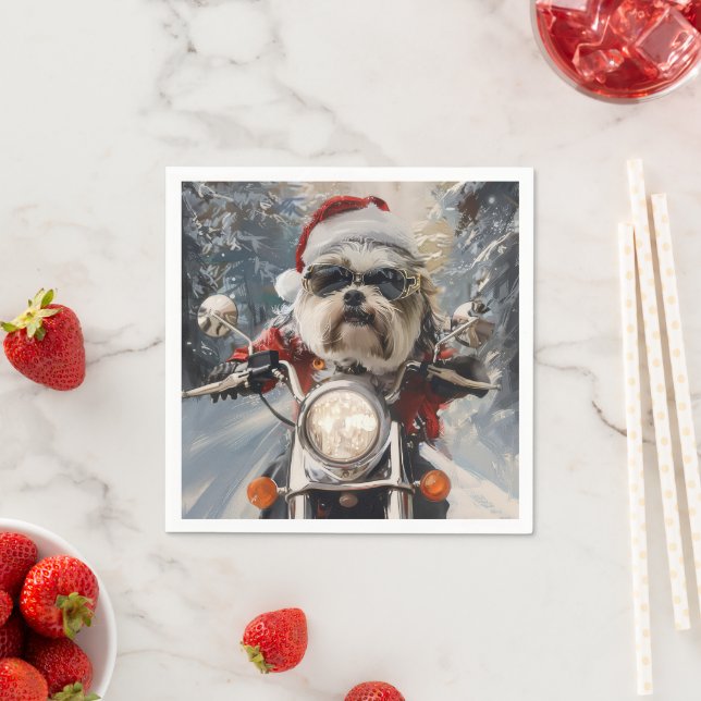 Malti Tzu Dog Riding Motorcycle Christmas Napkin (Insitu)