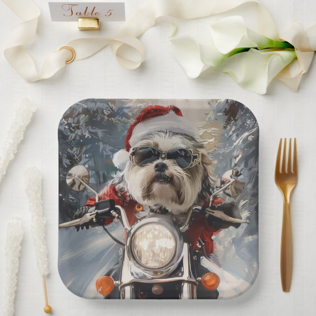 Malti Tzu Dog Riding Motorcycle Christmas Paper Plate (Wedding)
