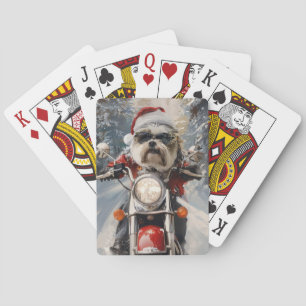 Malti Tzu Dog Riding Motorcycle Christmas Playing Cards