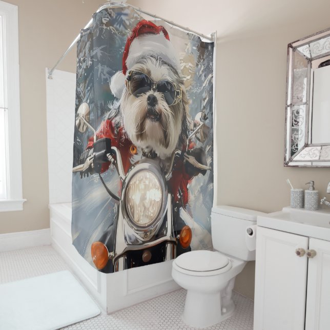 Malti Tzu Dog Riding Motorcycle Christmas Shower Curtain (In Situ)