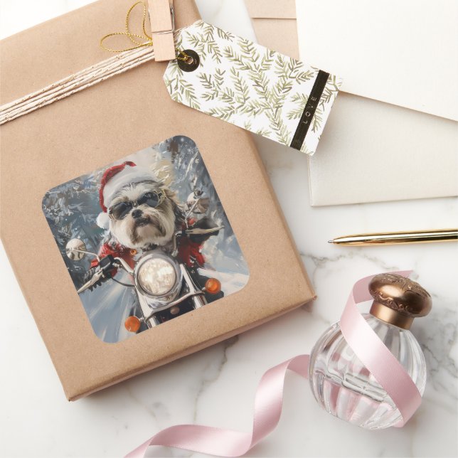 Malti Tzu Dog Riding Motorcycle Christmas Square Sticker (Gifting)