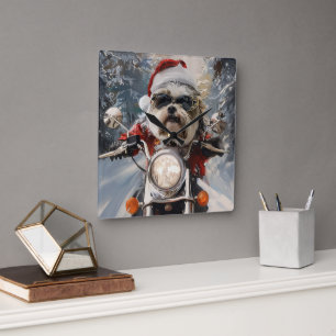 Malti Tzu Dog Riding Motorcycle Christmas Square Wall Clock