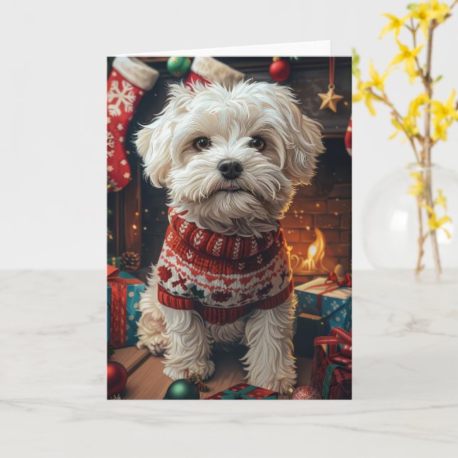 Malti Tzu Dog With Christmas Gifts Fireplace  Card (Yellow Flower)