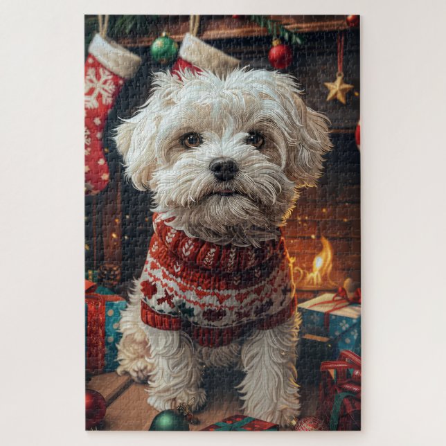 Malti Tzu Dog With Christmas Gifts Fireplace  Jigsaw Puzzle (Vertical)