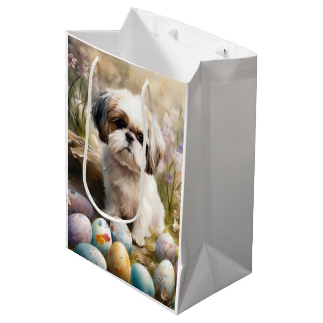 Malti Tzu Dog with Easter Eggs Holiday Medium Gift Bag (Front Angled)