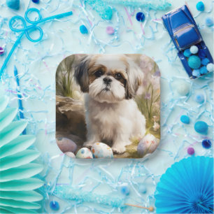Malti Tzu Dog with Easter Eggs Holiday Paper Plate