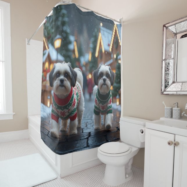 Malti Tzu Dogs Christmas Snow Holiday Shower Curtain (In Situ)