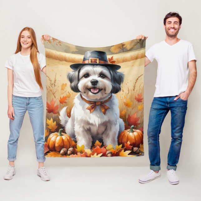 Malti Tzu In Autumn Leaves Thanksgiving Art  Fleece Blanket (In Situ)