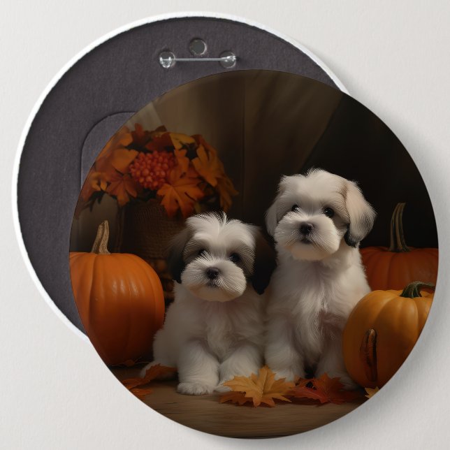 Malti tzu Puppy Autumn Delight Pumpkin 6 Cm Round Badge (Front & Back)