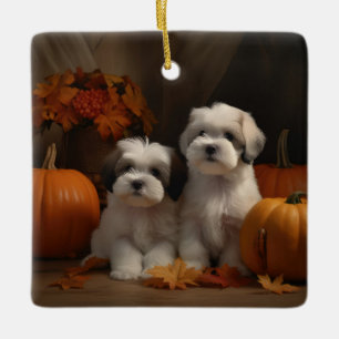 Malti tzu Puppy Autumn Delight Pumpkin Ceramic Ornament