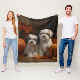 Malti tzu Puppy Autumn Delight Pumpkin Fleece Blanket
