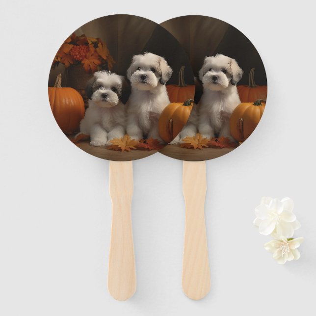 Malti tzu Puppy Autumn Delight Pumpkin Hand Fan (Front and Back)