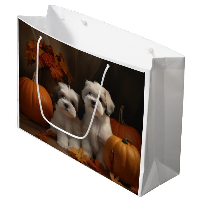 Malti tzu Puppy Autumn Delight Pumpkin Large Gift Bag (Front Angled)