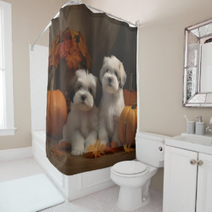 Malti tzu Puppy Autumn Delight Pumpkin Shower Curtain