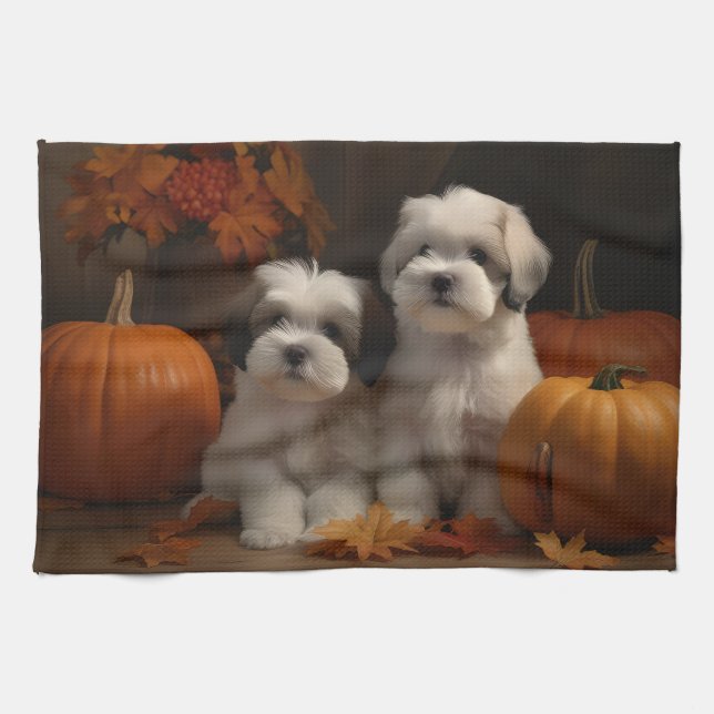 Malti tzu Puppy Autumn Delight Pumpkin Tea Towel (Horizontal)