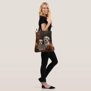 Malti tzu Puppy Autumn Delight Pumpkin Tote Bag