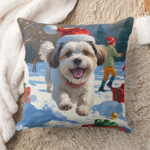 Malti Tzu Running in Snow with Christmas Hat Cushion
