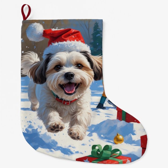 Malti Tzu Running in Snow with Christmas Hat Large Christmas Stocking (Front)