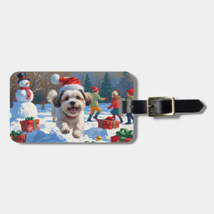 Malti Tzu Running in Snow with Christmas Hat Luggage Tag