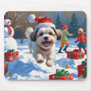 Malti Tzu Running in Snow with Christmas Hat Mouse Mat