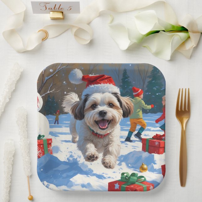 Malti Tzu Running in Snow with Christmas Hat Paper Plate (Wedding)