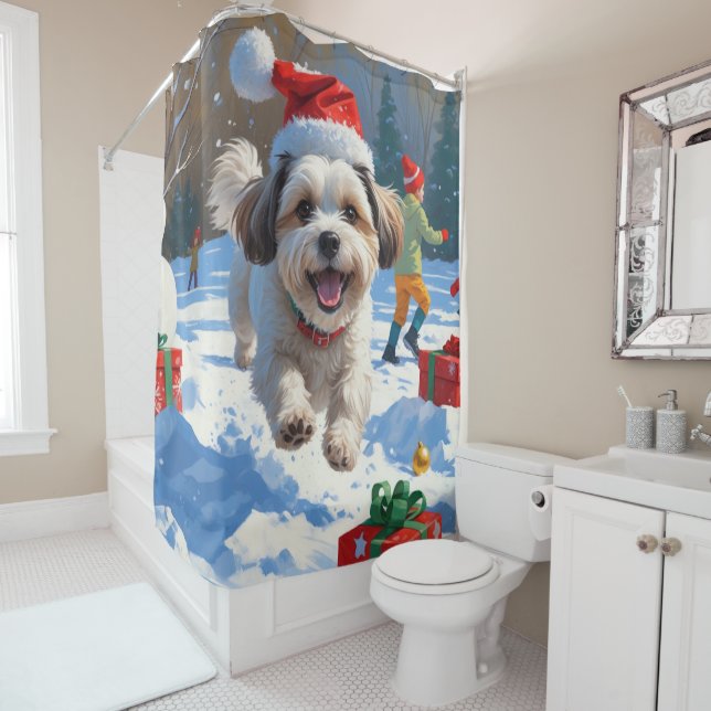 Malti Tzu Running in Snow with Christmas Hat Shower Curtain (In Situ)