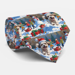 Malti Tzu Running in Snow with Christmas Hat Tie