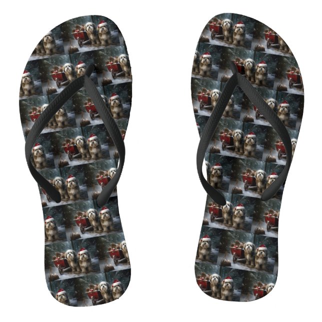 Malti tzu Snowy Sleigh Christmas Decor  Flip Flops (Footbed)