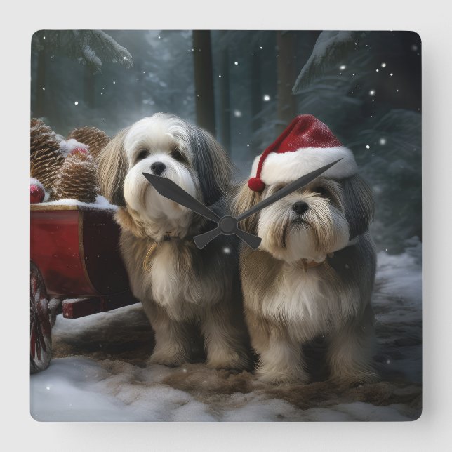 Malti tzu Snowy Sleigh Christmas Decor  Square Wall Clock (Front)