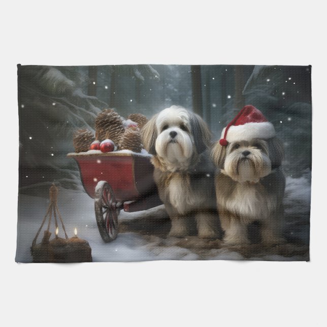 Malti tzu Snowy Sleigh Christmas Decor  Tea Towel (Horizontal)