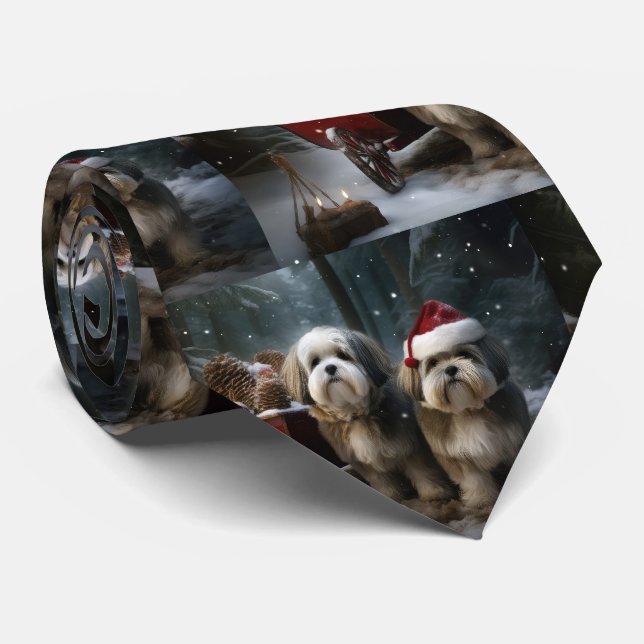 Malti tzu Snowy Sleigh Christmas Decor  Tie (Rolled)
