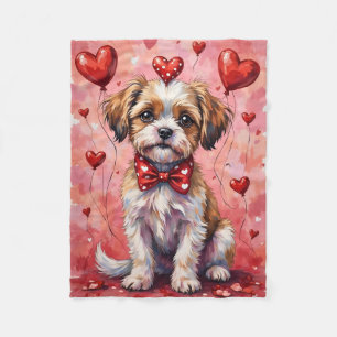 Malti Tzu Valentine Dog Sitting with Hearts Red Fleece Blanket