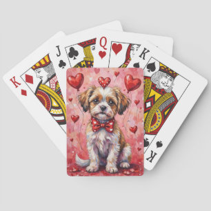 Malti Tzu Valentine Dog Sitting with Hearts Red Playing Cards