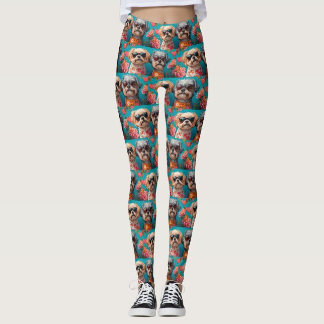 Malti Tzu with Heart Roses Valentine's Day  Leggings (Front)